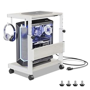 Höhenverstellbarer Computer-Tower-Ständer mit 2-stöckigem ATX-Gehäuse, bodenstehender Computerständer, Druckerständer mit Stauraum, feststellbare Rollen (Weiß, B44 x T30 x H44-59.5cm)