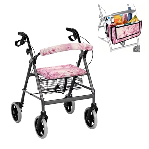 Vanideaoty Peach Blossom Rollator Accessories with Elastic Band Walker Accessories for Seniors Suitable for Most Walkers Foldable Organizer Pouch Tote
