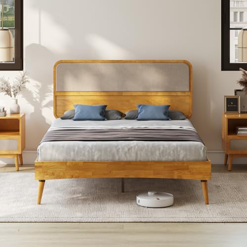 Image of Bme Calista Queen Size Bed Frame - Solid Wood Platform Bed with Upholstered Headboard, Teak Brown Finish, Mid-Century Modern Style with Sturdy Slats & Tapered Legs, No Box Spring Needed