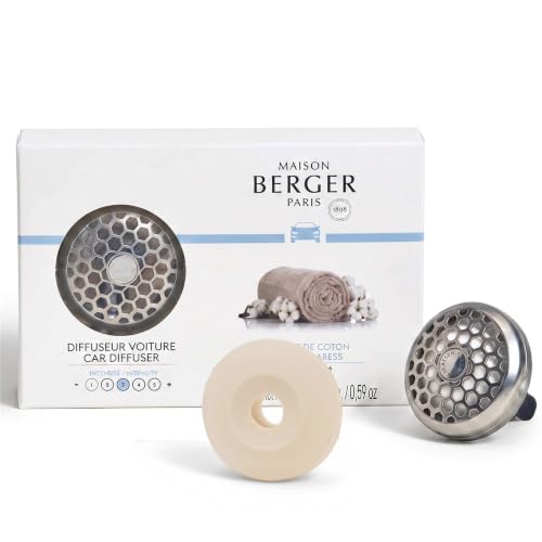 Image of MAISON BERGER Car Diffuser Set, Cotton Caress | Clean Powdery Cotton Notes, Refillable Vent Clip with Ceramic Refill, Passive 4-Week Diffusion, Made in France