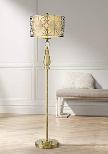 Possini Euro Design Doris Modern Contemporary Glam Standing Floor Lamp Antique Brass Outer Cutout Openwork Inner Neutral Fabric Double Drum shade for Living Room Reading House Bedroom Home Office