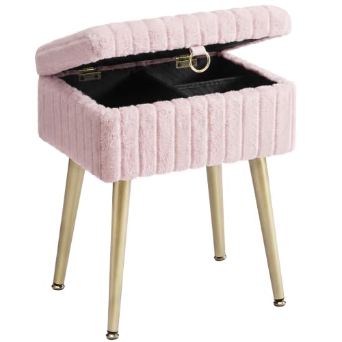 SONGMICS Rectanglular Vanity Stool Chair with Storage Dressing Table Stool Footrest Footstool Ottoman Metal Legs Adjustable Feet for Living Room Bedroom Makeup Room Jelly Pink LOM505SZ03