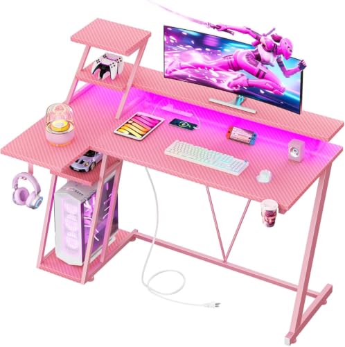 Image of Korfile 40 Inch Pink Gaming Desk with LED Lights & Power Outlet, Small Gaming Computer Desk with Storage Shelves, L Shaped Gamer Workstations with Monitor Stand for Bedroom