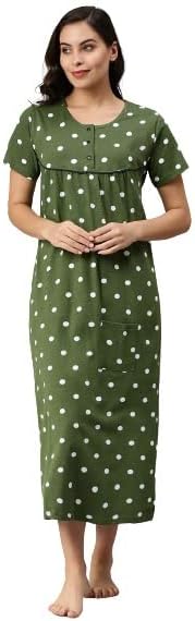 Womens Nightdress Pure Cotton Printed Maxi Length Relaxed Fit Sleepdress Nightwear with Side Pocket and Chest Button Placket for Feeding