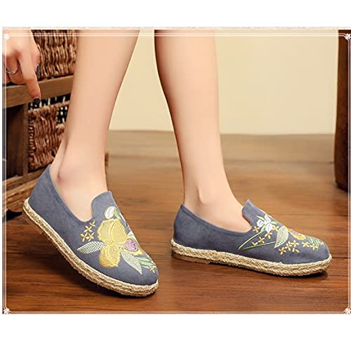 Women's Embroidered National Wind Cloth Shoes Hand-Made Strew Hemp Sole Flats Flowers Casual Shoes (Color : Gray Size : Code 36) (Grey Code 37)3