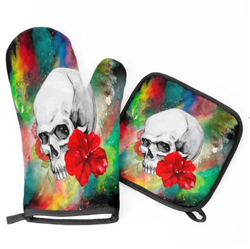 Beautiful Starry Skull Rosary Oven Mitts Kitchen Oven Gloves for Cooking Baking Heat Proof Lining Cotton Kitchen Potholder Mittens Pot Holders Hot Pads for Chef Women Men
