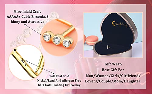 Meiighting 14K Gold Nose Stud L Shaped Nose Ring 20G With Round Cubic Zirconia Nose Piercing Jewelry For Women Men Real Gold #TOP6