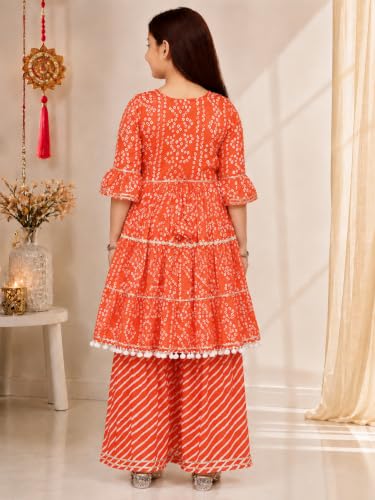 Image of Preneum Girl's Cotton Rayon Bandhani & Lahariya Printed Angrakha Kurta with Sharara & Dupatta