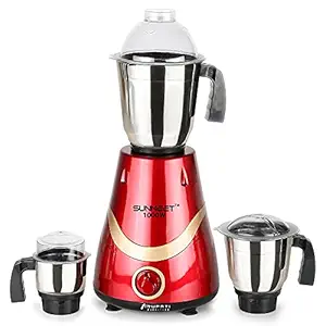 Sunmeet NECKLACE kitchen proud 1000W Mixer Grinder with 3 Stainless Steel Jars (1 Wet Jar, 1 Dry Jar and 1 Chutney Jar), RED-GOLD.Make In India