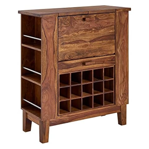 FineBuy Hausbar Sheesham Massivholz 88x102x40 cm Weinschrank für Flaschen | Barschrank Aufklappbar mit Tür | Getränkeschrank Landhaus Weinbar Modern Cover