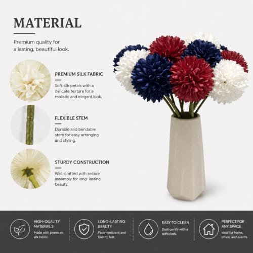 Image of Mandy's 12pcs Artificial Red White Blue Ball Chrysanthemum Flowers