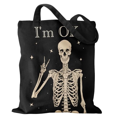 Miss Adola Aesthetic Canvas Tote Bag with Pattern for Women, Stylish Funny Goth Skeleton Spooky Skull Inspired Design, Casual Cloth Cotton Totes Bag for Vacation, Shopping, Grocery, Gym