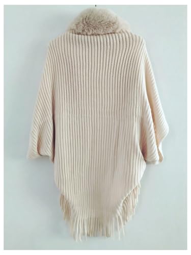 Verdusa Women's Faux Fur Collared Poncho Sweater Chunky Knit Fringe Shawl Wraps2