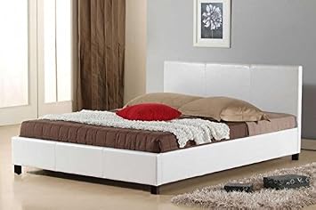 New Dream Faux Leather 4ft6 Double Sized Bed frame, High Headboard with Sprung Wooden Slatted Bed Base Black/White/BrownBed Frame Only White