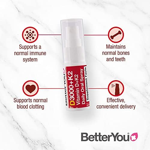 BetterYou Vitamin D3000+K2 Daily Oral Spray | Natural Daily Multivitamin Spray and Immune System Support | Natural Peppermint Flavour | 12ml (30 Daily Doses)