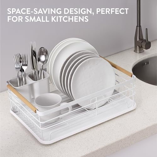 Navaris Dish Drainer Rack - Plate, Cutlery, Pots and Pans Drying Rack for Kitchen with Beechwood Handles - Modern Retro Design Drip Tray - White - Image 4