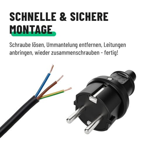 greate 3x Schuko Stecker Aussenbereich mit Knickschutz - Schukostecker Gummi mit Zugentlastung, 2-polig, 230V, 16A & 3,7kW - IP44 Schukostecker Außenbereich schwarz - Schutzkontakt Stecker 230V
