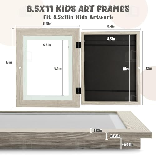 Frametory 2 Pack Magnetic Kids Art Frames, 8.5x11 Inch Artwork Display Storage Frame for Drawings & Photos, Grey Front Opening Frame Changeable for Wall, Holds Up to 50+ Crafts, 3D Paintings