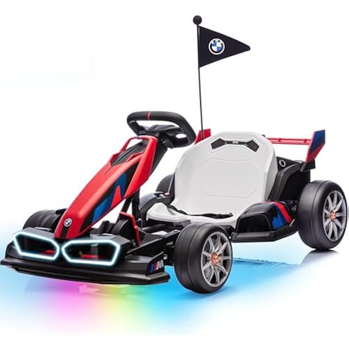 Wanan 24V Electric Go Kart with Adjustable Seat, Licensed BMW Drift Kart with Dual Motors, Crazy Go Cart for Kids Ages 6-12, LED Lights, Drift Mode and 2 Speed (Red)