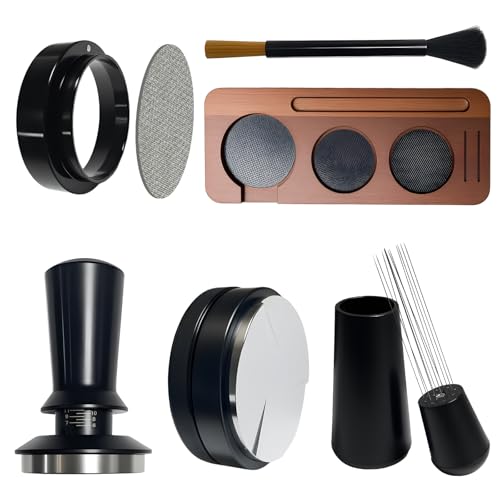 7-in-1 51MM Espresso Accessories Kit with Calibrated Tamper, WDT Tool Espresso Distributor, 316SS Filter Basket, Premium Wooden Base & Cleaning Brush,for Even Coffee Extraction & Professional Brewing