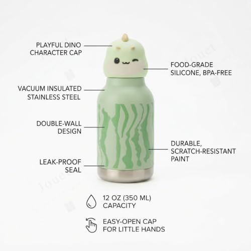 Image of JOUET Kids Stainless Steel Water Bottle 280ml with Cute Green Dinosaur Character Lid, Leakproof Drinking Bottle for School, Travel & Daily Use