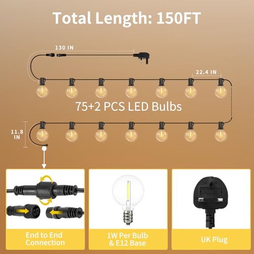 Yuusei Festoon Lights Outdoor 150Ft, LED Outdoor Mains Powered Waterproof Garden Lights with 75+2 Shatterproof Plastic G40 Bulbs, Dimmable Patio String Light for Indoor & Outside - Image 3