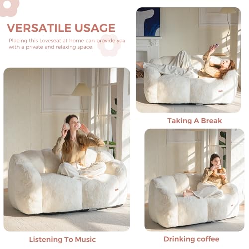 Image of MAXYOYO Bean Bag Chair for Adults, Loveseat Floral Shaped Bean Bag Sofa, Ultra Soft Love Seat Mini Sofa Couch, Faux Fur Reading Chair for Living Room Bedroom, Beige