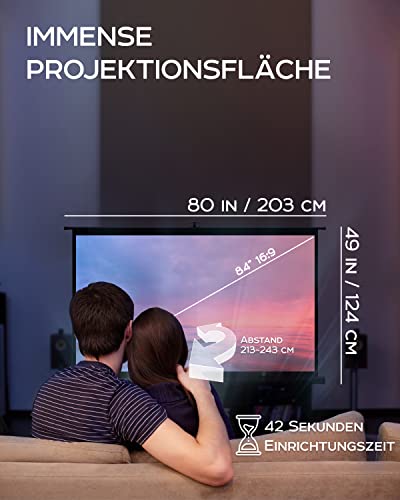 Beamer Leinwand mit Stativ 84 Zoll – Projektor-Leinwand für den Innen- und Außenbereich für Film- und Büropräsentationen – 16:9 HD Premium-Qualität, knitterfrei mit Tragetasche und festem Gurt