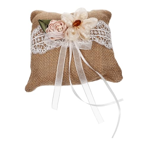 STOBAZA Anillo De Boda Almohada Cesta De Flores Rings Cojín Flores Lazo Anillo Cesta De Flores De La Boda Arco Nupcial Almohada De Anillo Rústico Ver Almohada Decorar Romántico Lino Novia