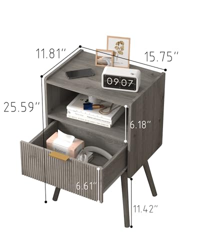 Image of Nightstand,Modern Bedside Table with Storage Drawer and Open Wood Shelf, for Living Room, Bedroom and Small Spaces, Accent Night Stand with Solid Wood Legs, Easy Assembly,Grey Oak