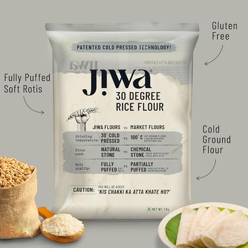 Image of Jiwa 30 Degree Rice Flour /Atta | 1 Kg | Patented Cold Pressed Flour | Slow Ground | Puffed Soft Rotis | Chawal Ka Atta | Gluten Free (Pack of 2)