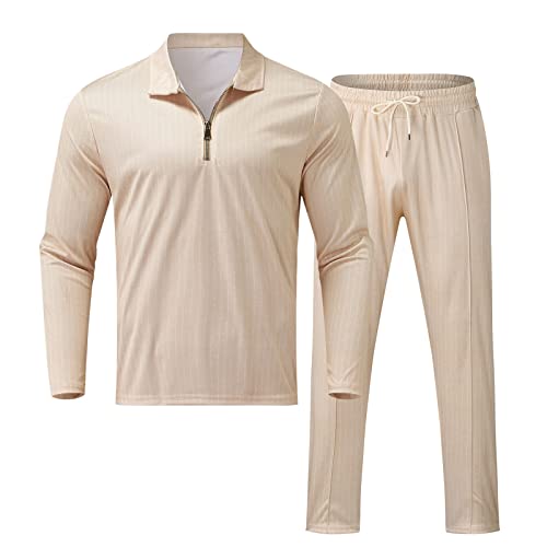 Mens Long Sleeve Casual Polo Shirt And Pant Sets Two Piece Fall Outfits Zipper Polo Tracksuit Set For Men M-3Xl(Khaki,Large) #TOP2