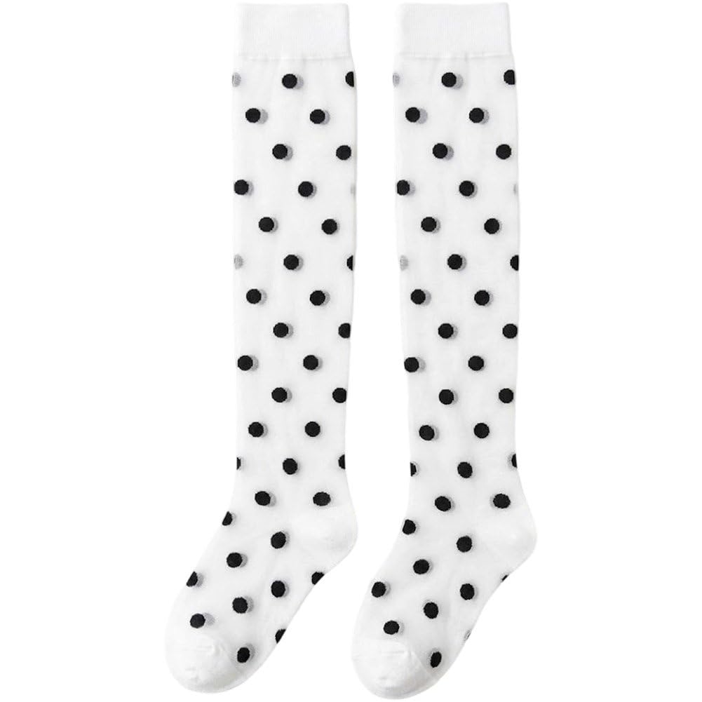 Fituenly Japanese Polka Dots Thigh High Stockings for Women, Sweet Lolita Seamless Overknee Socks, White Ladies Over-knee Stockings