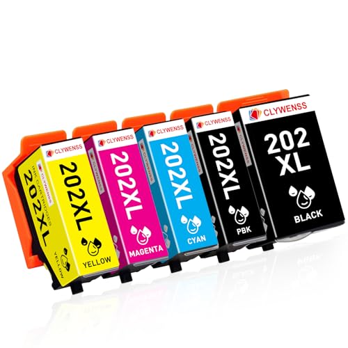 Clywenss 202 XL Ink Cartridges Compatible with Epson 202XL 202 XL Multipack for Expression Premium XP6100 XP6105 XP-6100 XP-6105 XP-6000 XP-6005 XP6000 XP6005 Printer Ink 5-Pack (BK PBK C M Y)