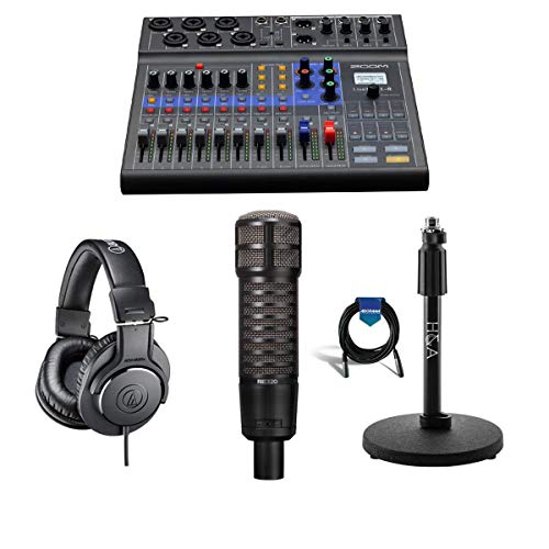 Zoom LiveTrak L-8 Portable 8-Channel Mixer and Multitrack Recorder - Bundle with Electro-Voice RE320 Variable-D Dynamic Microphone, at TH-M20x Pro Monitor Headphones, H&A Tabletop Mic Stand, Cable