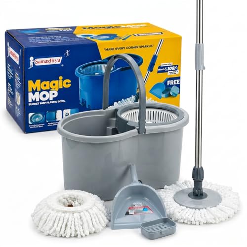 Image of Samarthya Magic Mop 360 Spin Mop with Twin Bucket, Wringer, Telescopic Stainless Steel Pole, 2 Microfiber Refills, Grey