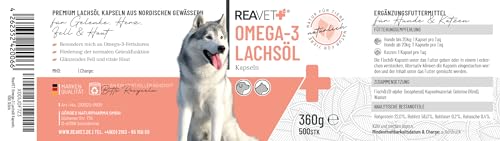 ReaVET Lachsöl Kapseln Hund 500 Stück, Omega 3 Öl Hund I Lachsöl Kapseln Hunde I Hochdosiertes Fischöl in Lebensmittelqualität