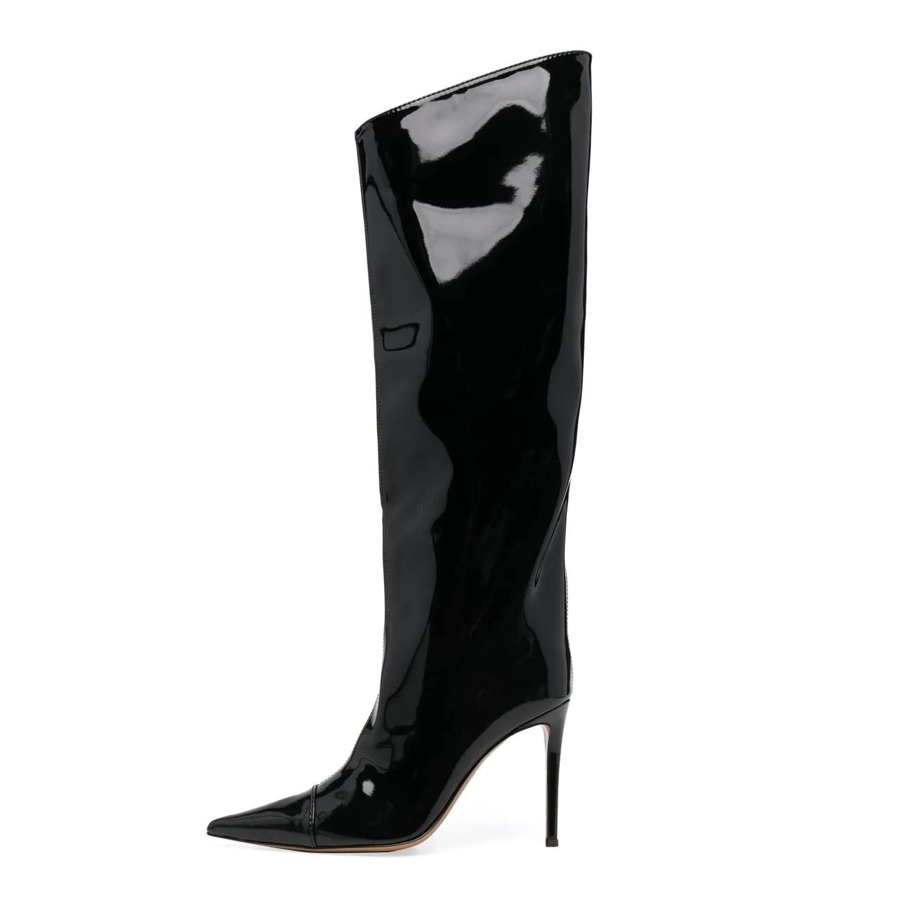Arqa Metallic Boots for Women Pointed Toe High Stiletto Heel Knee High Boot Fashion Chrome Zipper Boot Dressy Party Shoes 11 Black Pt