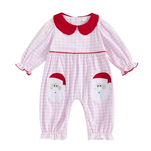 Amiblvowa Newborn Baby Girl Christmas Outfit Ruffle Long Sleeve Plaid Santa Embroidery Romper Jumpsuit One Piece Clothes