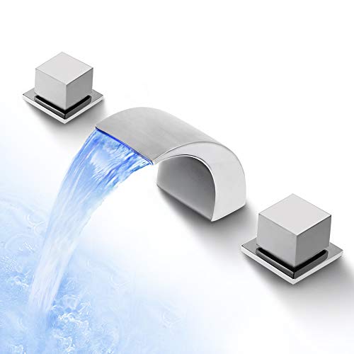 SKOWLL Waterfall Bathroom Faucet LED Waterfall Faucet Temperature 3 Colors Change Dual Handle 3 Holes Waterfall Spout Bathtub Faucet with Lights, Polished Chrome Finished - Thumbnail 4