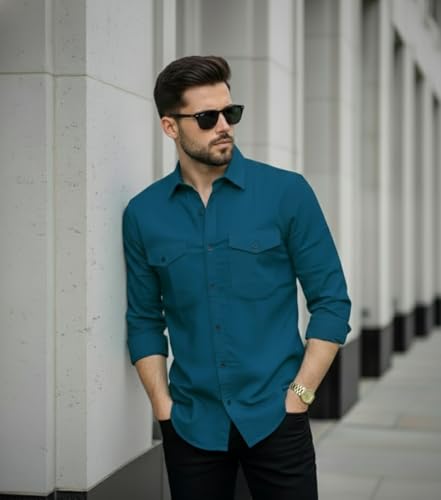 Image of DEELMO Men's Classic Cotton Blend Slim Fit Shirt || Full Sleeve Button-Down Casual Shirt with Dual Flap Pockets || Soft Breathable Fabric || Ideal for Office Party and Everyday Wear