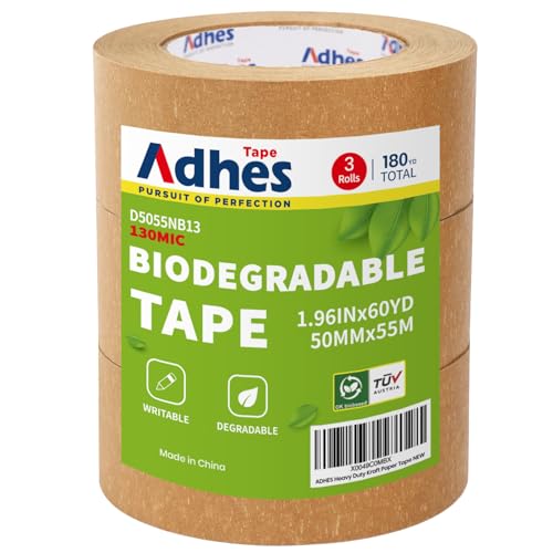 ADHES Kraftpapier Verpackungsband Paketklebeband Papier Kraft Packband,Eco Umweltfreundlich,Recycelbar,Braun,50mm x 55m,3Rolle