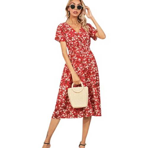 XIVISTO Damen Sommerkleider Elegant Midikleid Knielang Casual Blumenkleider Strandkleid Bohemian Cocktailkleid Partykleid V-Ausschnitt