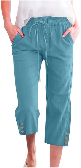 WROLEM Womens Capris Pants High Waist Drawstring Comfy Casual Pants Lightweight Trousers Buttons with Pockets