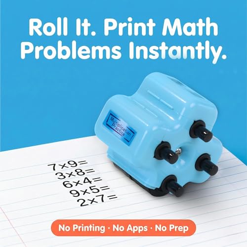 Image of GoldenEgg Math Teacher 4-in-1 Math Roller Stamp, Addition, Subtraction, Multiplication & Fill-in-The-Blank Practice Tool for Kids, Classroom & Home Use (Blue)