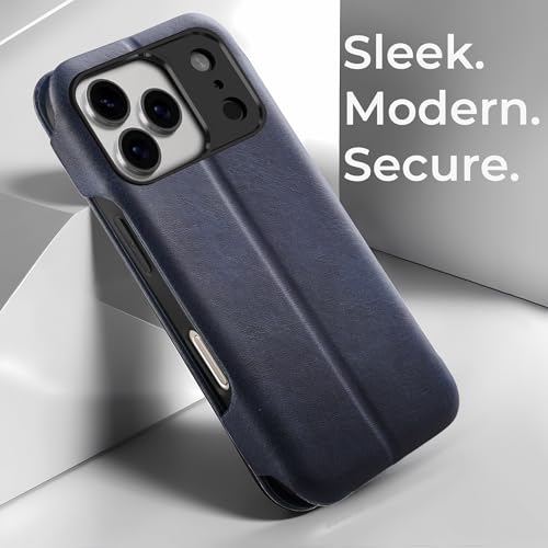 Image of PULOKA Premium Leather Flip Cover Compatible with iPhone 17 Pro Max - Slim Magnetic Lock Wallet Case with Card Slot, Shockproof TPU Inner, Full Body Protection & Raised Camera Guard (Blue)