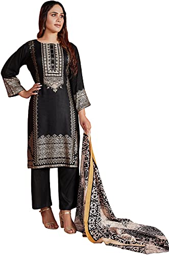 IshDeena Ready to Wear Embroidered Linen Pakistani Dresses for Women Shalwar, Kameez with Dupatta - Three Piece Set (Large, Golden & Black)
