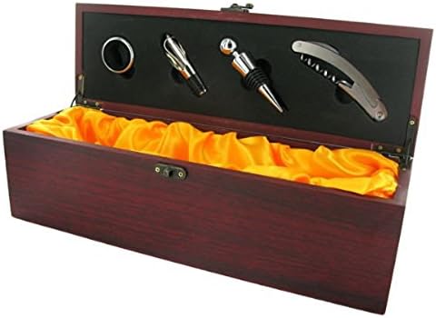 Wine Box and Accessories Presentation Set with Beautiful Rosewood Matte Finish Satin Gold Cloth Interior (Wine bottle not included)
