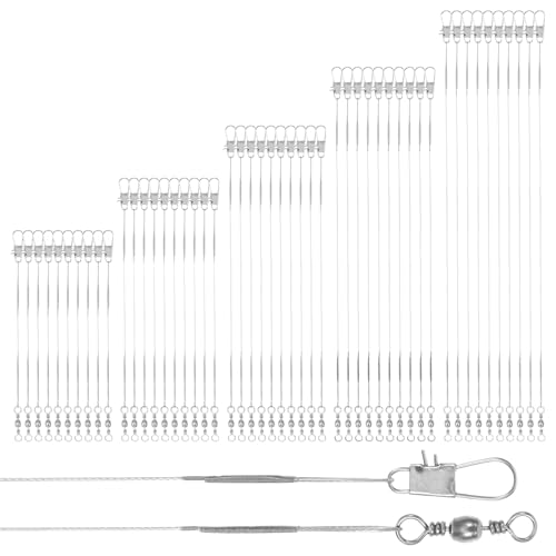 50 Pcs Fishing Leaders with Swivels Snap Connect, Steel Wire Fishing Leader High-Strength Anti-Bite Wire Leader Line Kit for Saltwater Freshwater Connects Lures Hooks Rigs (4/6/8/10/12 Inch, Silver)