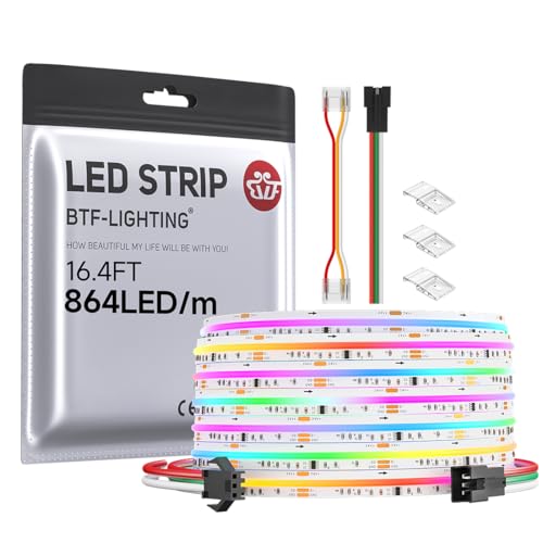 BTF-LIGHTING FCOB COB RGB WS2811 IC Addressable LED Strip DC24V 5m 864LEDs/M 12mm White PCB Chasing Colour Flexible High Density LED Rope IP30 Non Waterproof for Indoor Decoration(Only LED Strip)